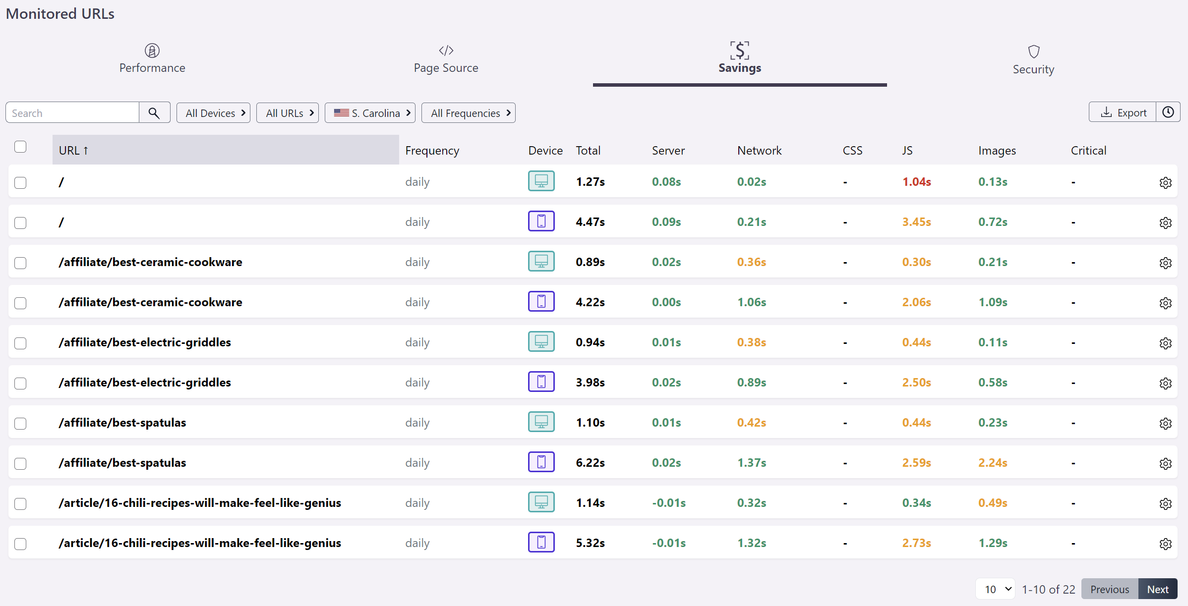 Savings Overview in Wattspeed