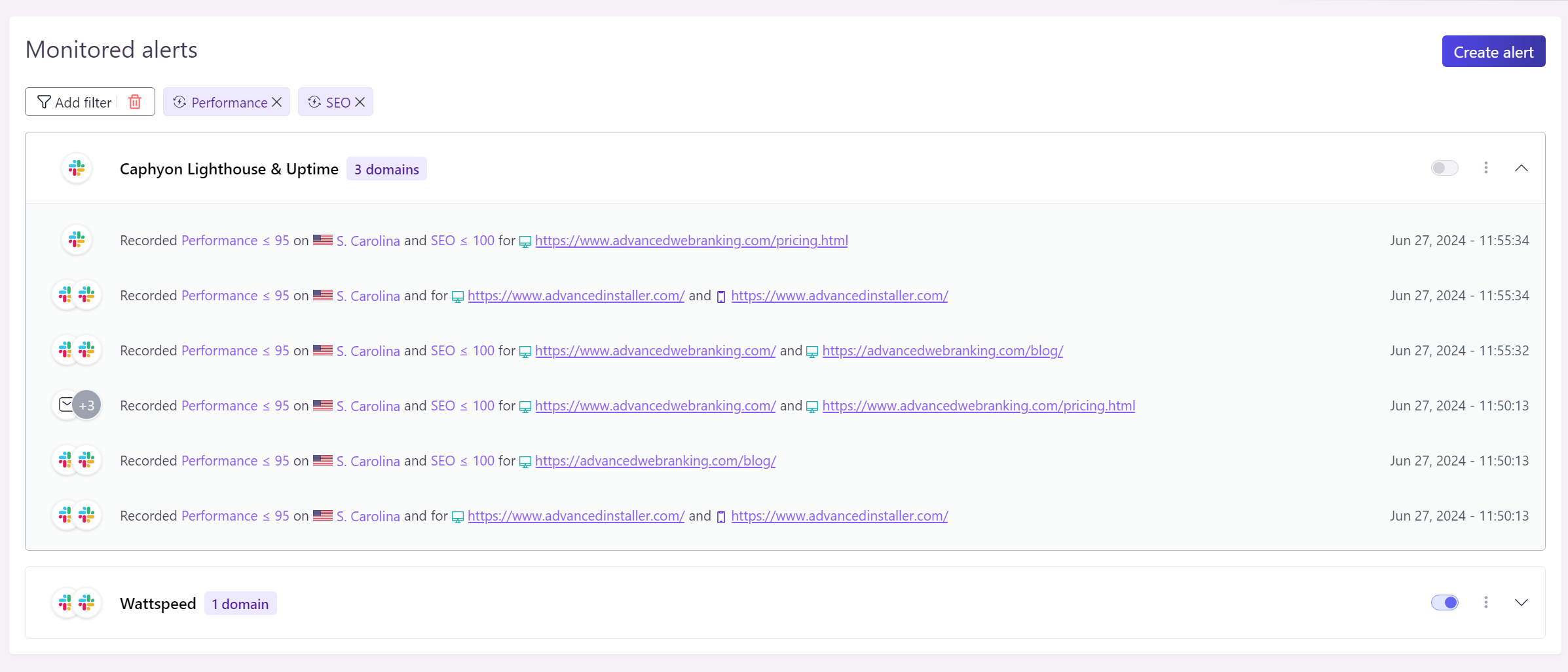 Alert history in Wattspeed